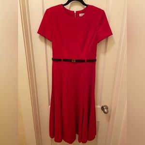 Red Calvin Klein Midi Dress W/ Belt. Size 4 in perfect condition only worn once.